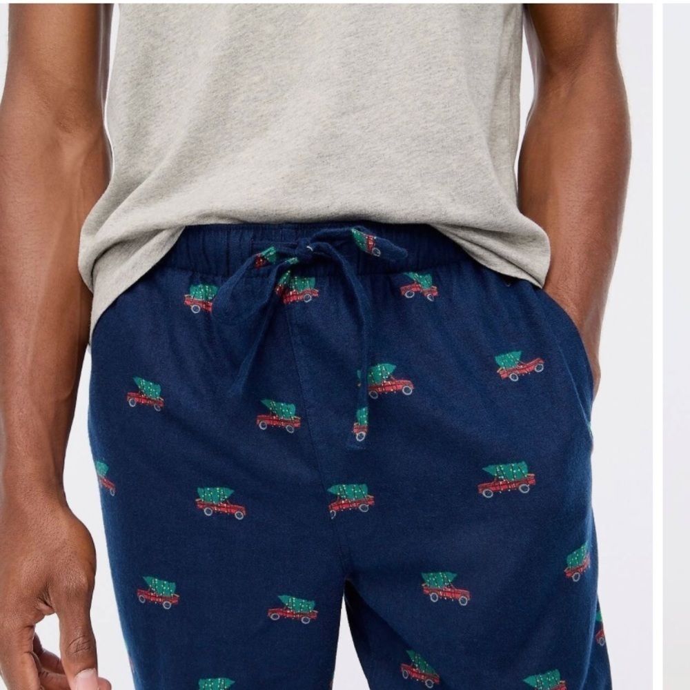 J. Crew Christmas pajama pants tree on wagon graphic